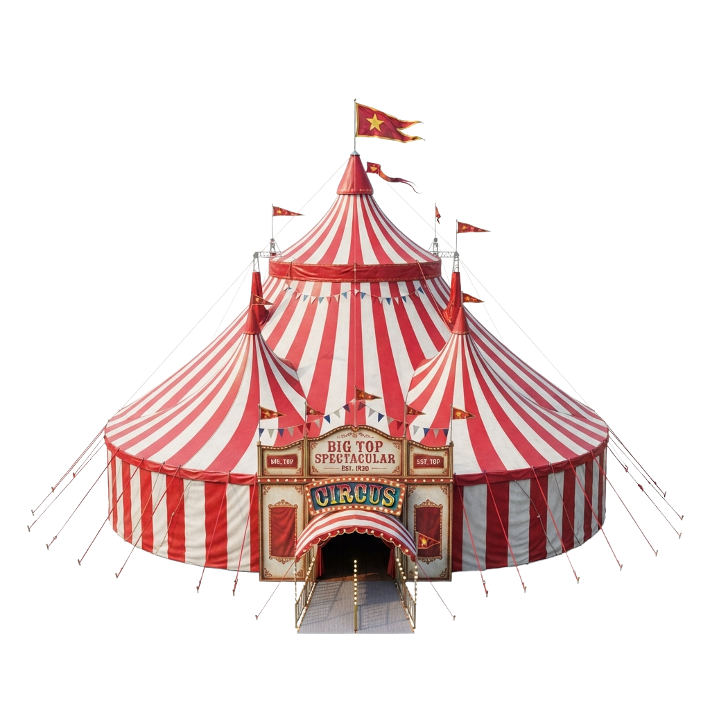 A large circus tent featuring red and white stripes, a central entrance, and a sign reading Big Top Spectacular Circus