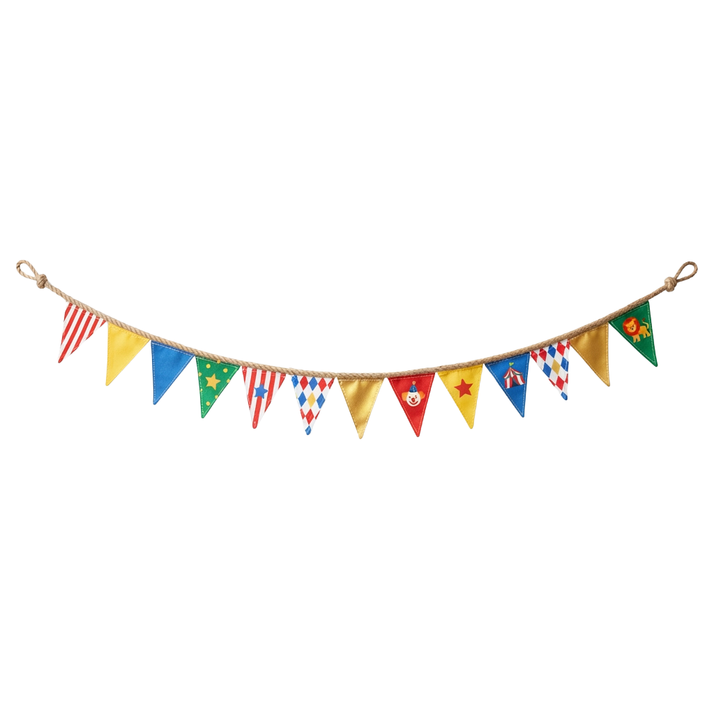 String of colorful triangular fabric flags with various patterns and symbols hanging in a curve