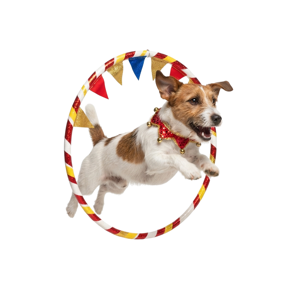 A small to medium-sized dog in mid-air jumping through a colorful hoop with festive pennant flags attached.