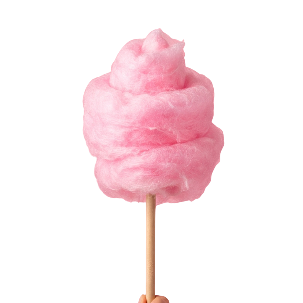 A fluffy pink cotton candy on a wooden stick against a black background
