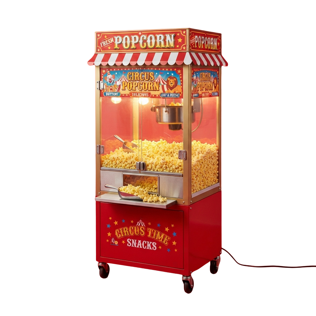 Red popcorn machine labeled Circus Time Snacks with fresh popcorn inside and a striped awning