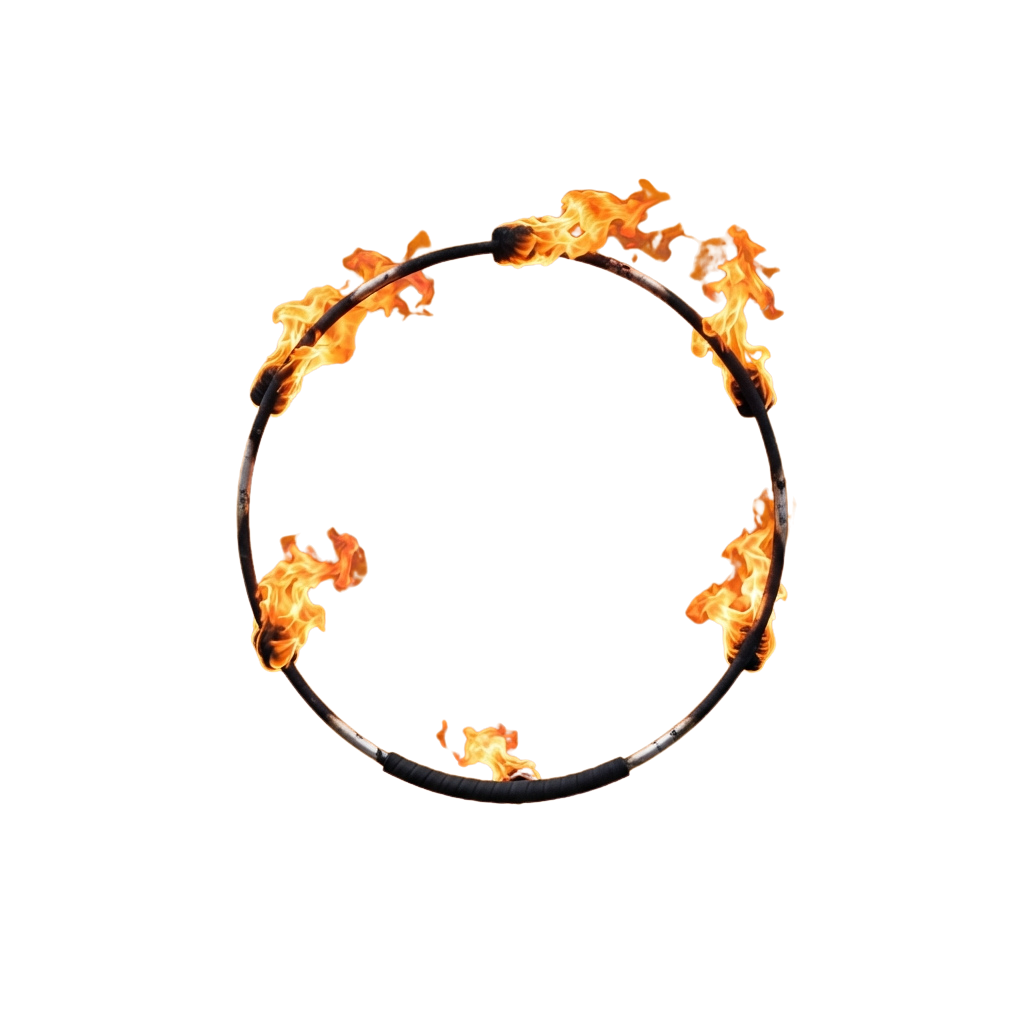 A metal hoop with bright orange flames evenly spaced around its circumference against a dark background