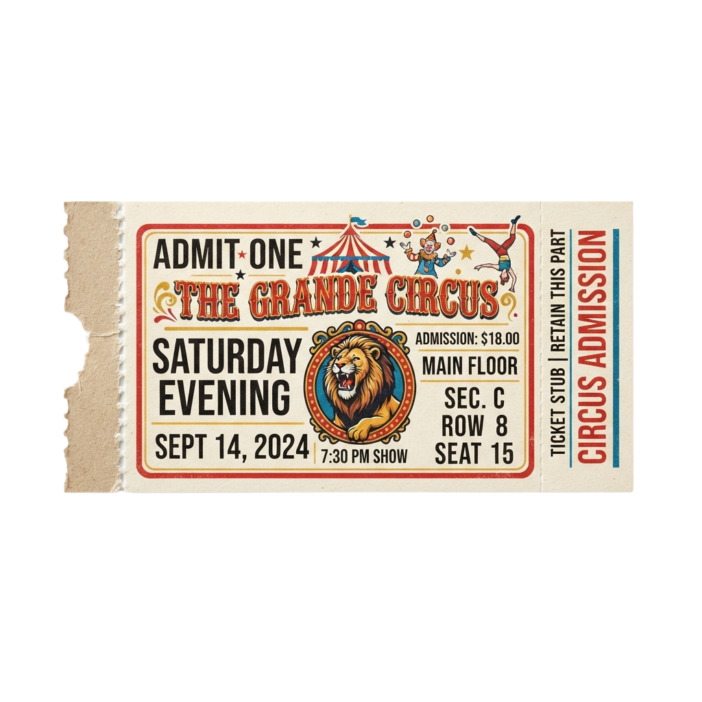 Vintage-style circus ticket stub for a Saturday evening show on September 14, 2024, featuring a lion logo and seating details.