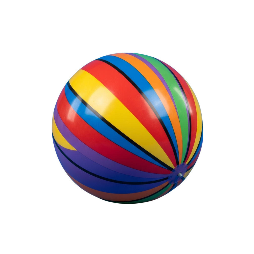 A shiny, multicolored beach ball with alternating stripes of red, blue, yellow, green, and black against a black background