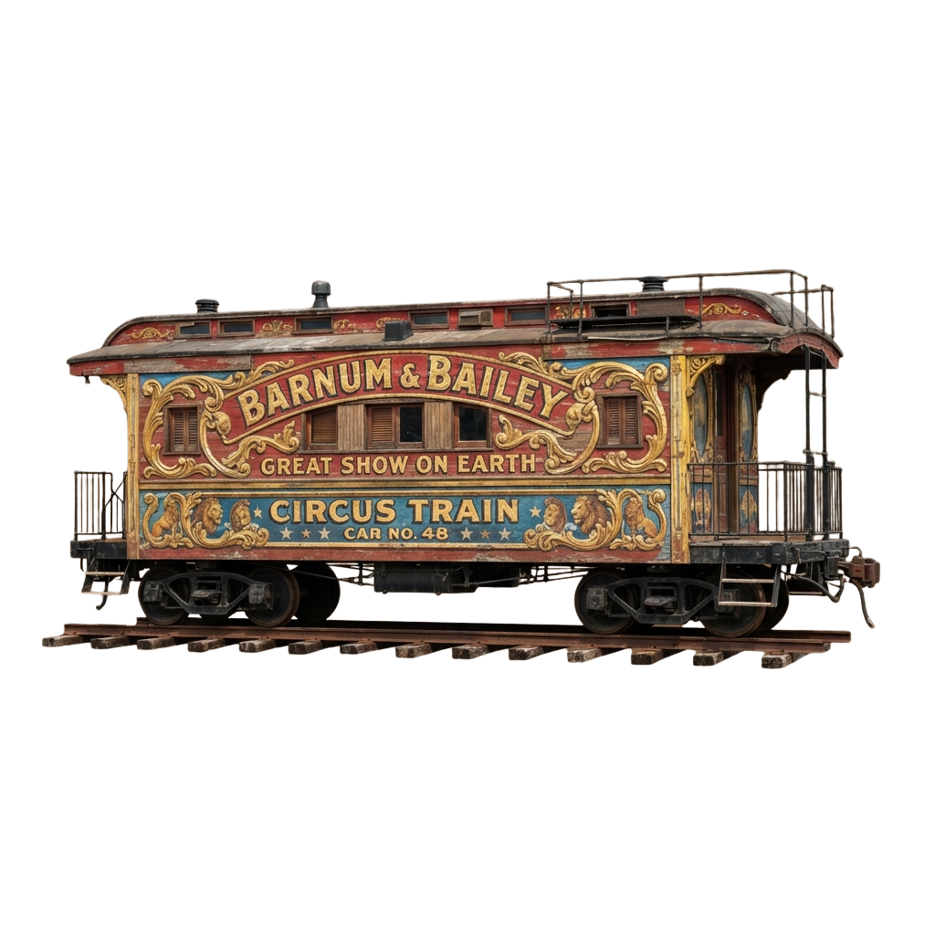Colorful vintage model train car labeled Circus Train with ornate gold and red detailing