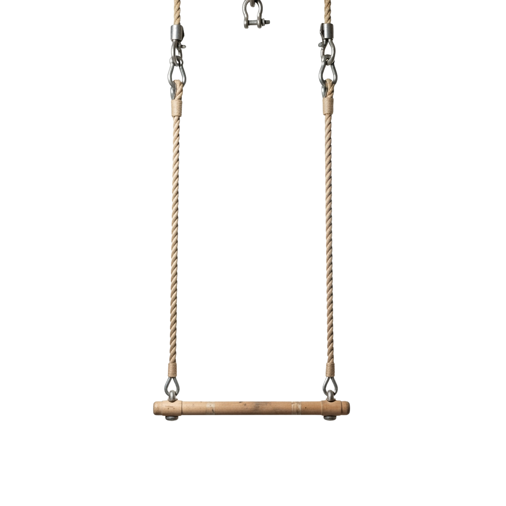 A rope swing hanging from chains with a wooden seat against a dark background