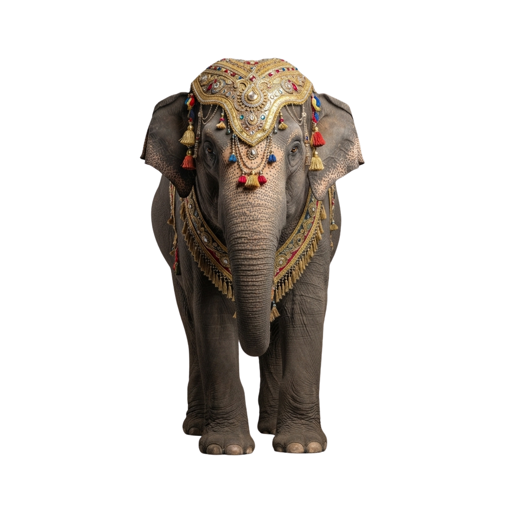 An elephant adorned with colorful jewelry, tassels, and an ornate headpiece against a black background