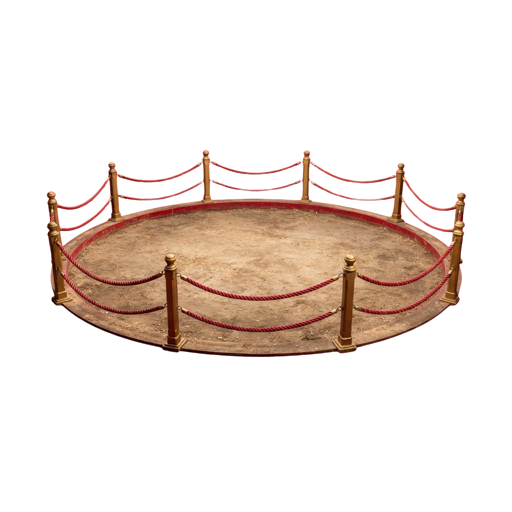 A circular platform surrounded by gold posts and red velvet rope barrier against a black background