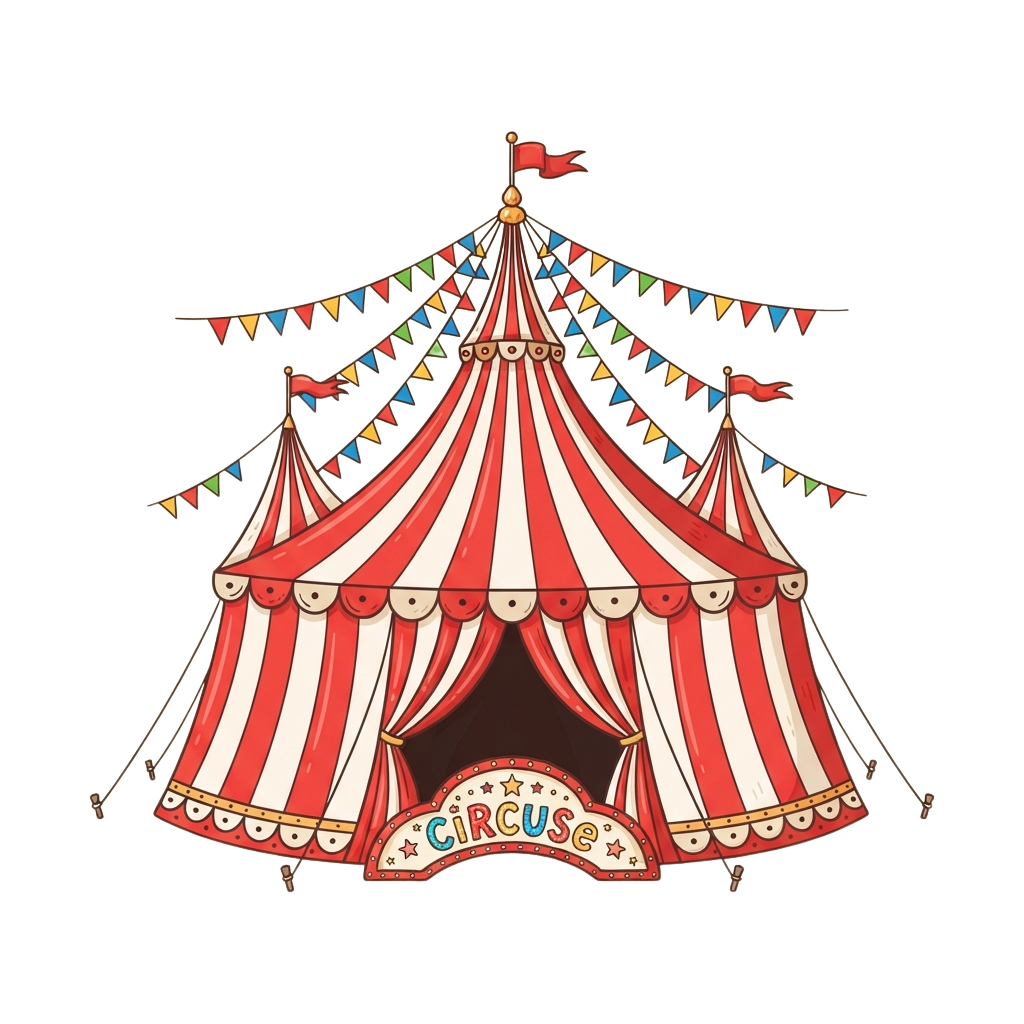 Illustration of a red and white striped circus tent with colorful triangular flags and a banner reading circus