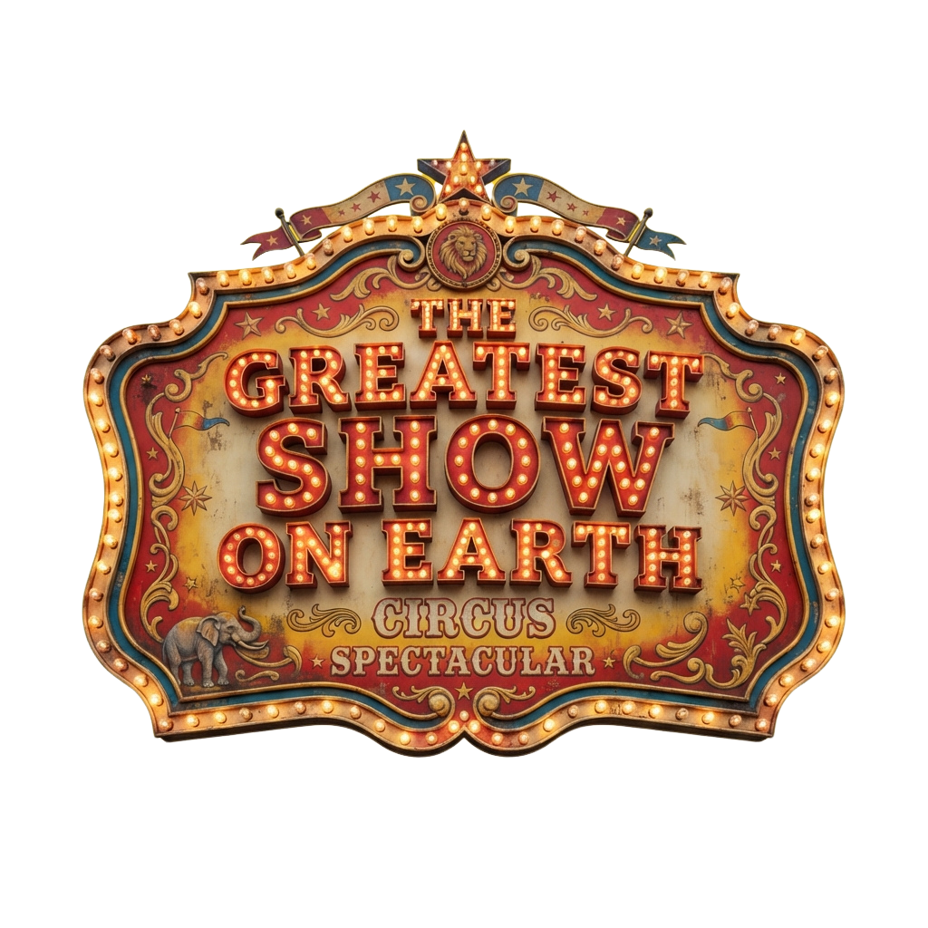 Vintage circus sign featuring illuminated text reading The Greatest Show on Earth Circus Spectacular with an elephant graphic
