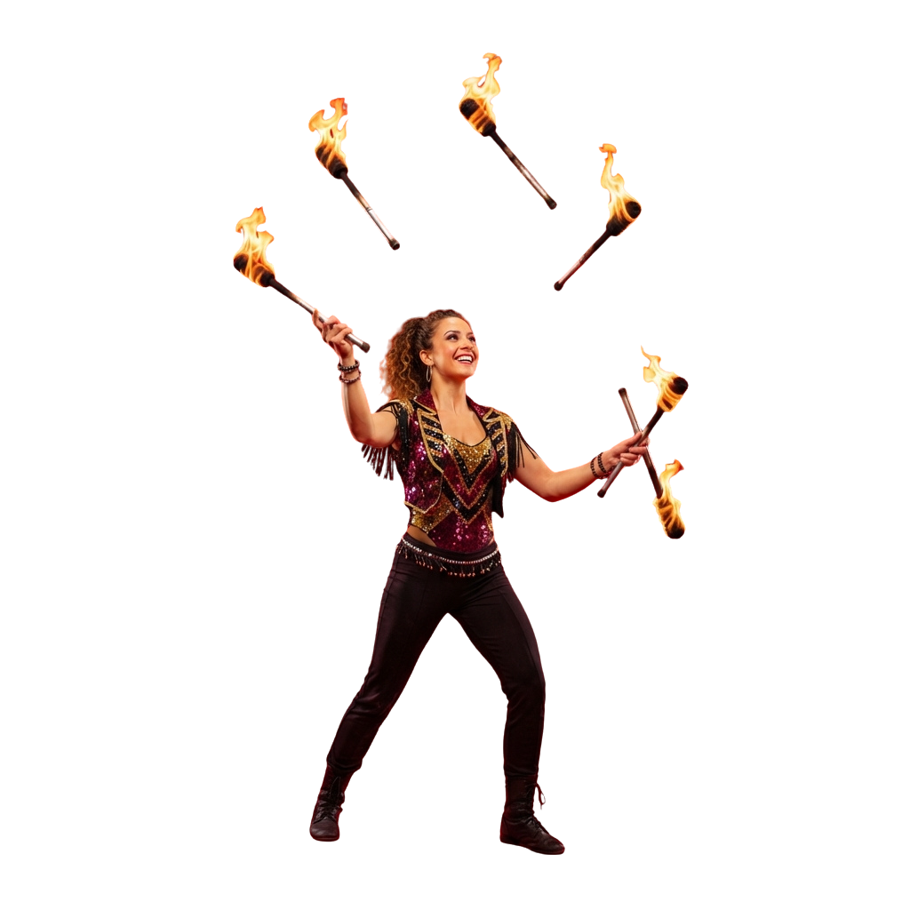 A person juggling five lit torches while smiling and standing on one leg