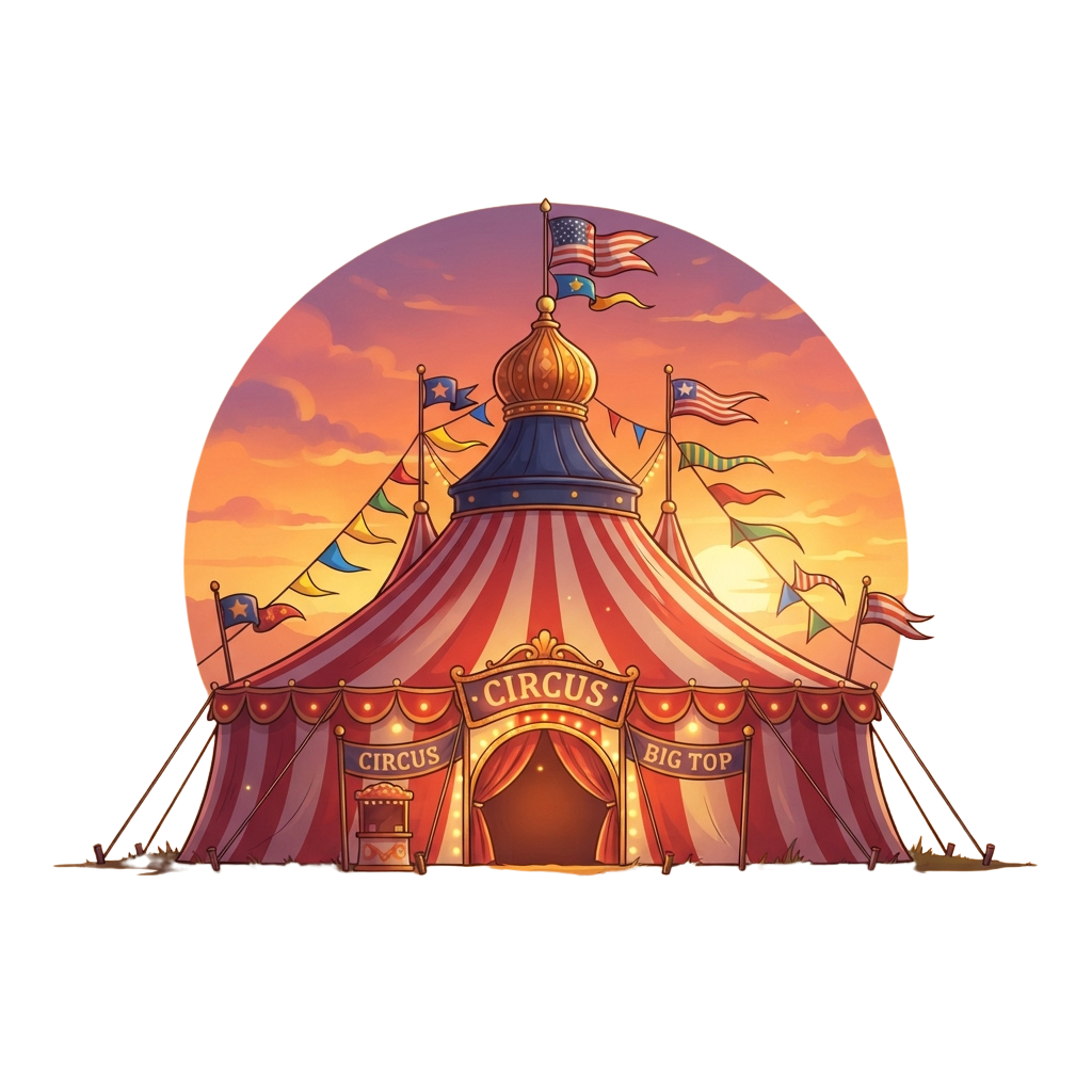 Colorful circus tent with flags and a golden dome under a sunset sky