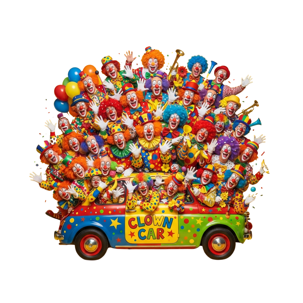 A clown car packed with joyful clowns in colorful wigs and makeup, waving and smiling.