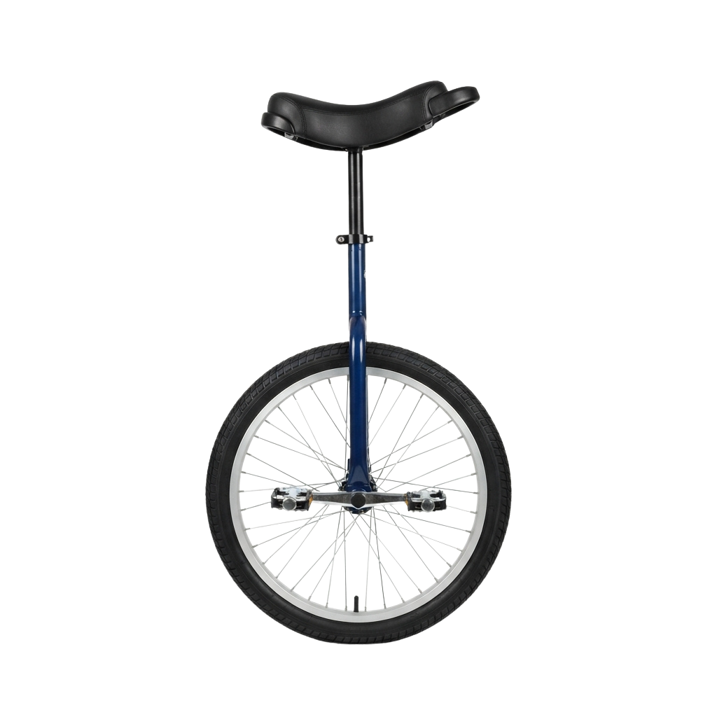 A unicycle featuring a black padded seat and a blue metal frame with a large white wheel and black tire