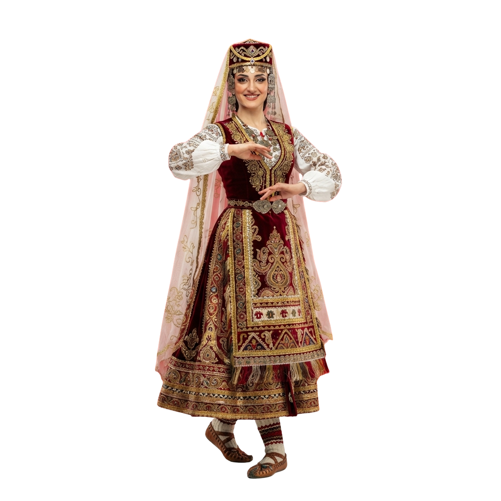 A woman wearing a traditional embroidered dress with intricate patterns, a decorative headpiece, and long sleeves.