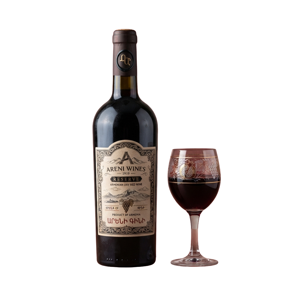 Bottle of Armenian dry red wine labeled Reserve with a glass of red wine beside it