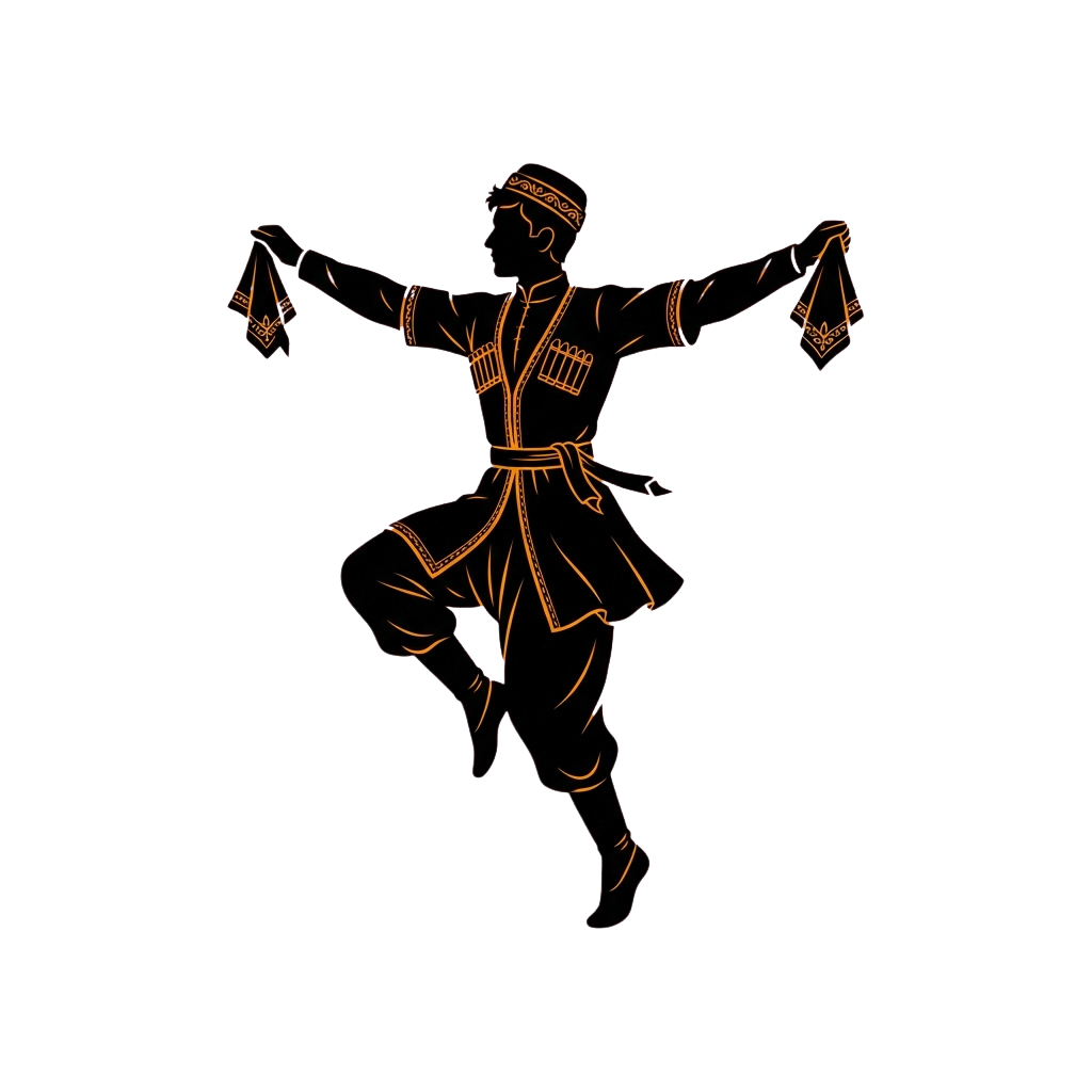 A glowing silhouette of a person performing a traditional dance pose with arms outstretched.