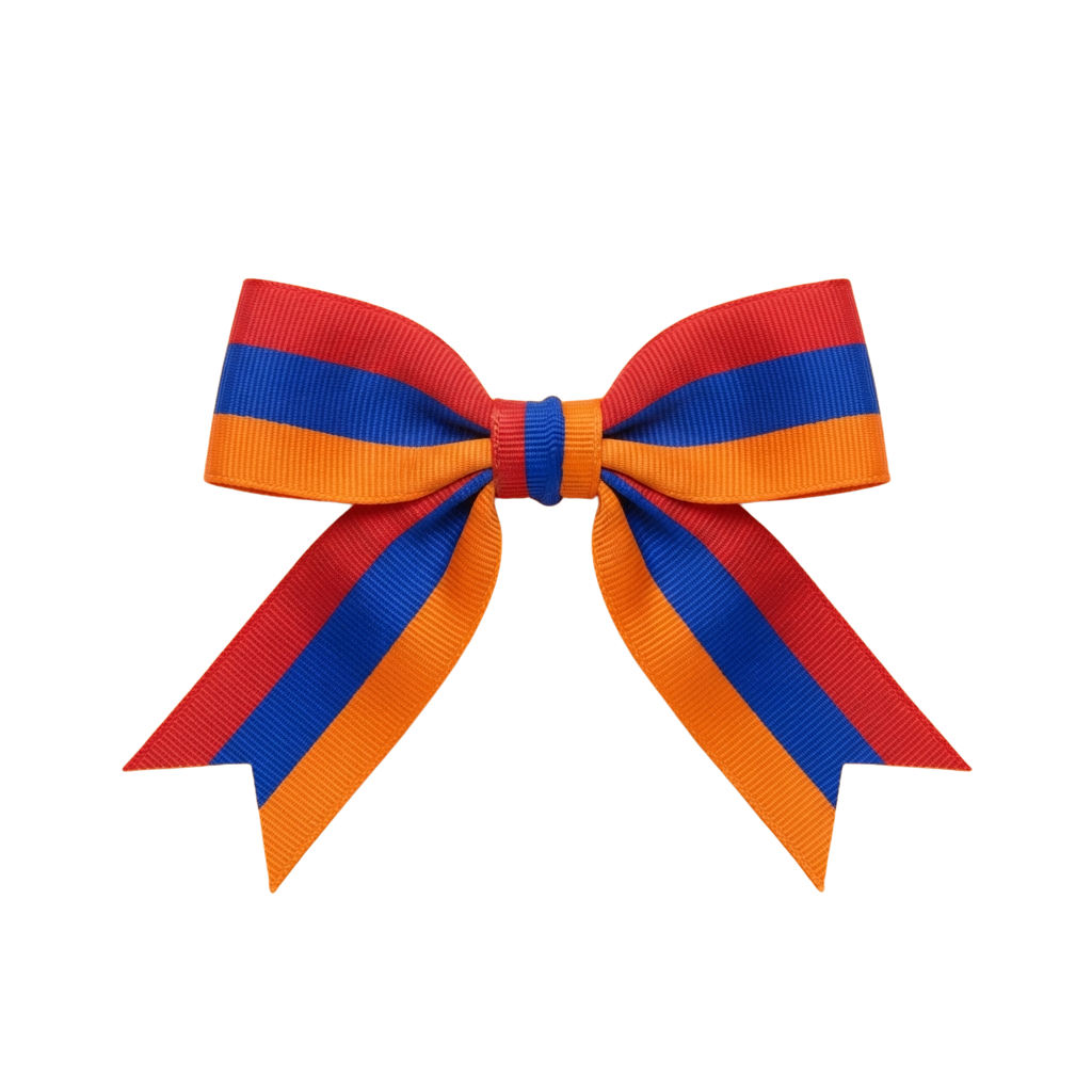 A decorative bow made of three horizontal ribbons in red, blue, and orange colors.