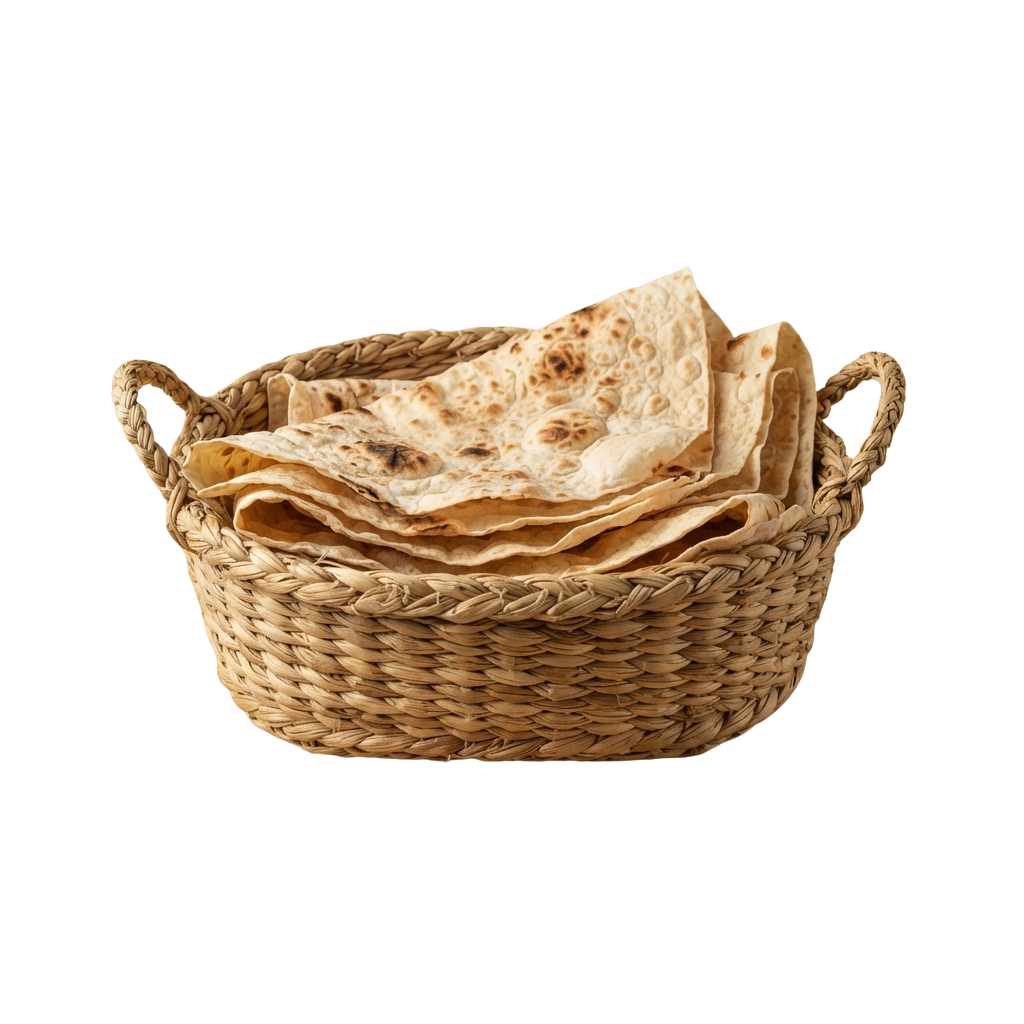 A woven basket holding a stack of flatbreads with a textured surface.
