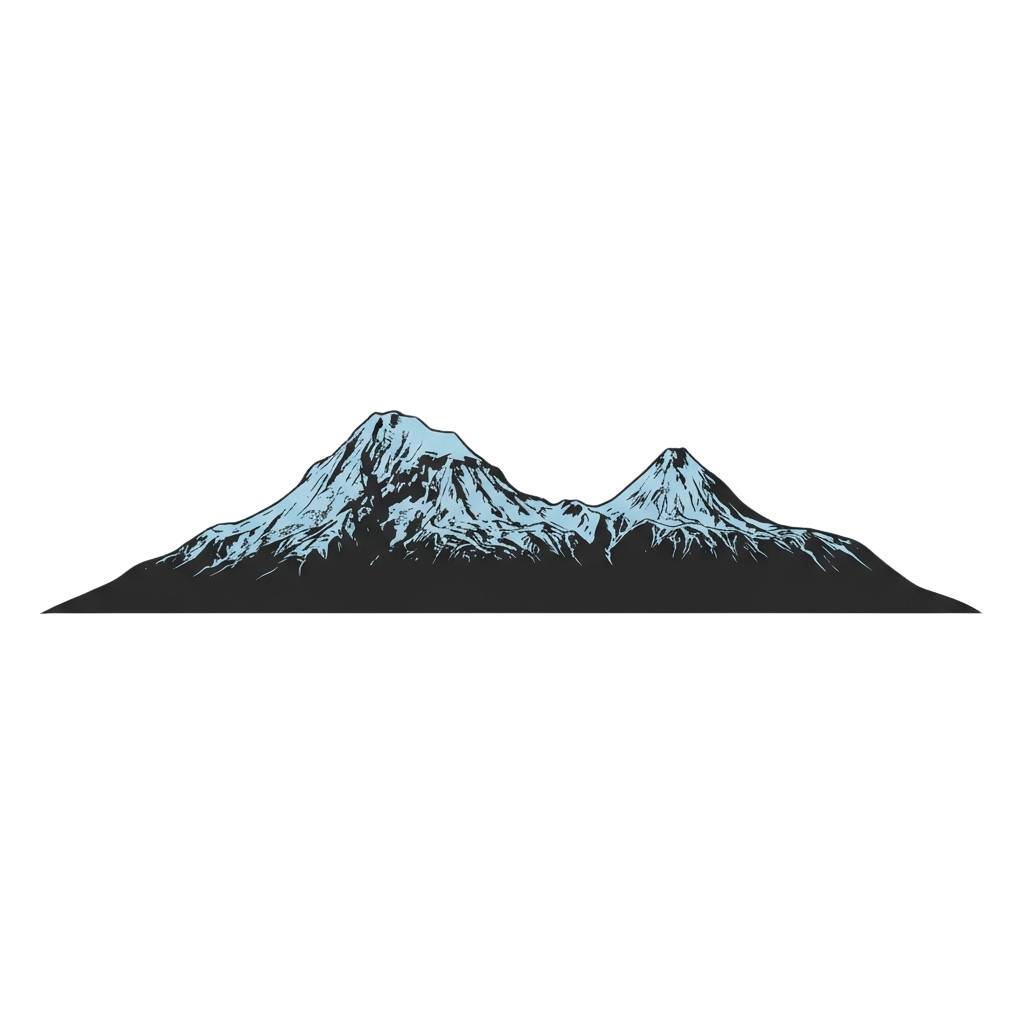 Two snow-covered mountain peaks with jagged rocky textures against a dark background