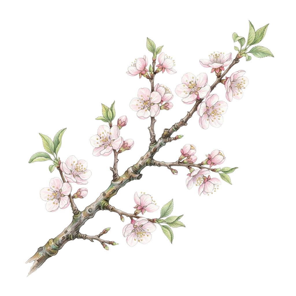 A detailed illustration of a branch with light pink cherry blossoms and green leaves against a black background
