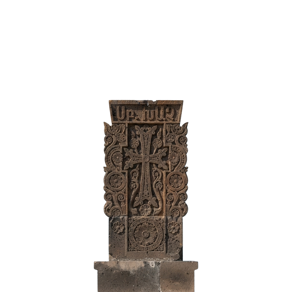 Intricate stone carving of an Armenian khachkar cross with floral and geometric designs, featuring Armenian script at the top.