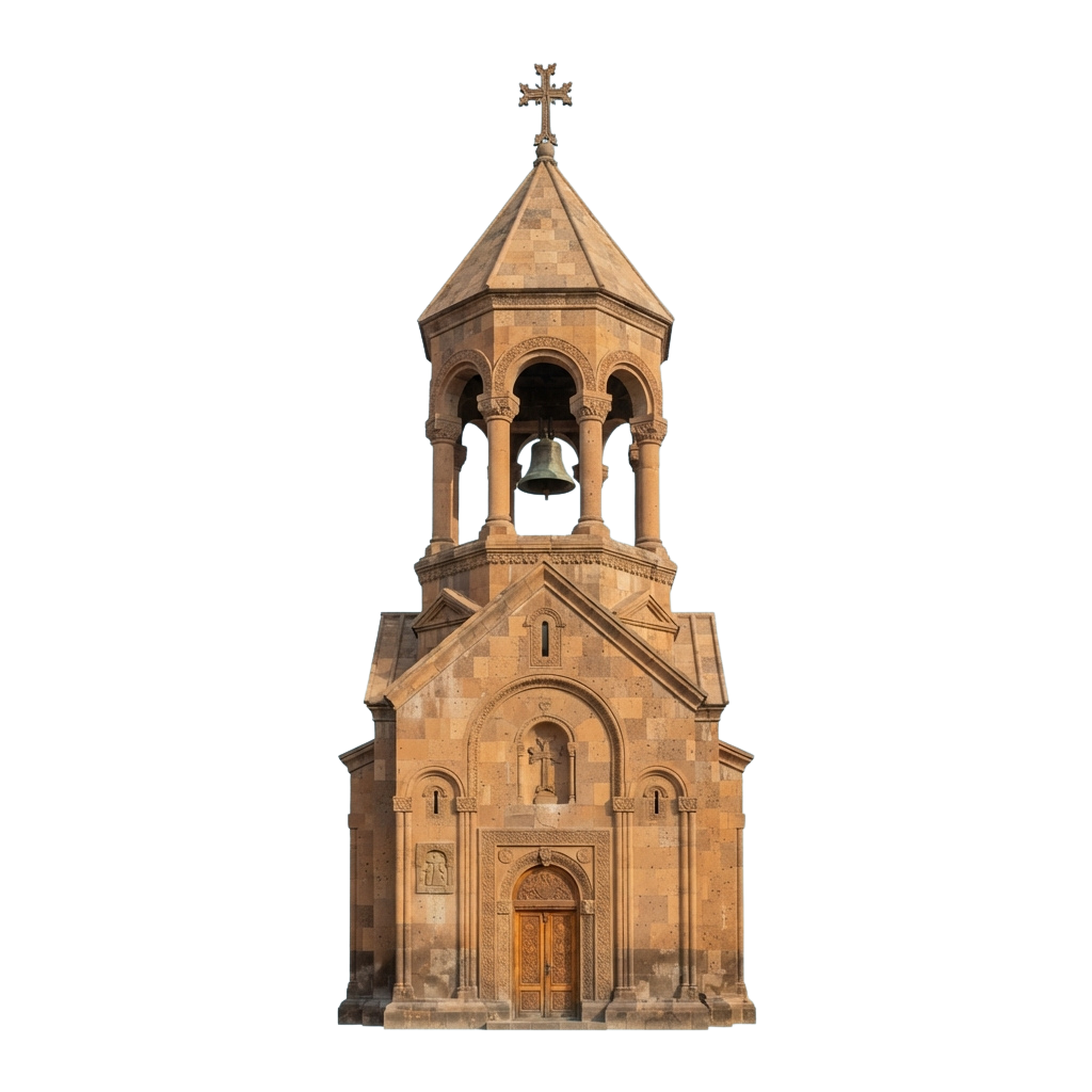 A stone church featuring a bell tower with a cross on top, built in traditional Armenian architectural style.