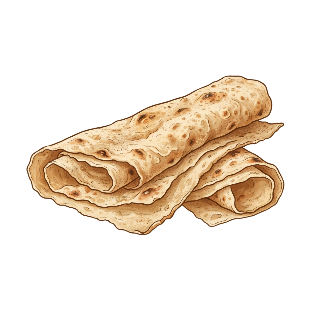Two rolled flatbread or tortilla wraps with a slightly crispy, puffed texture
