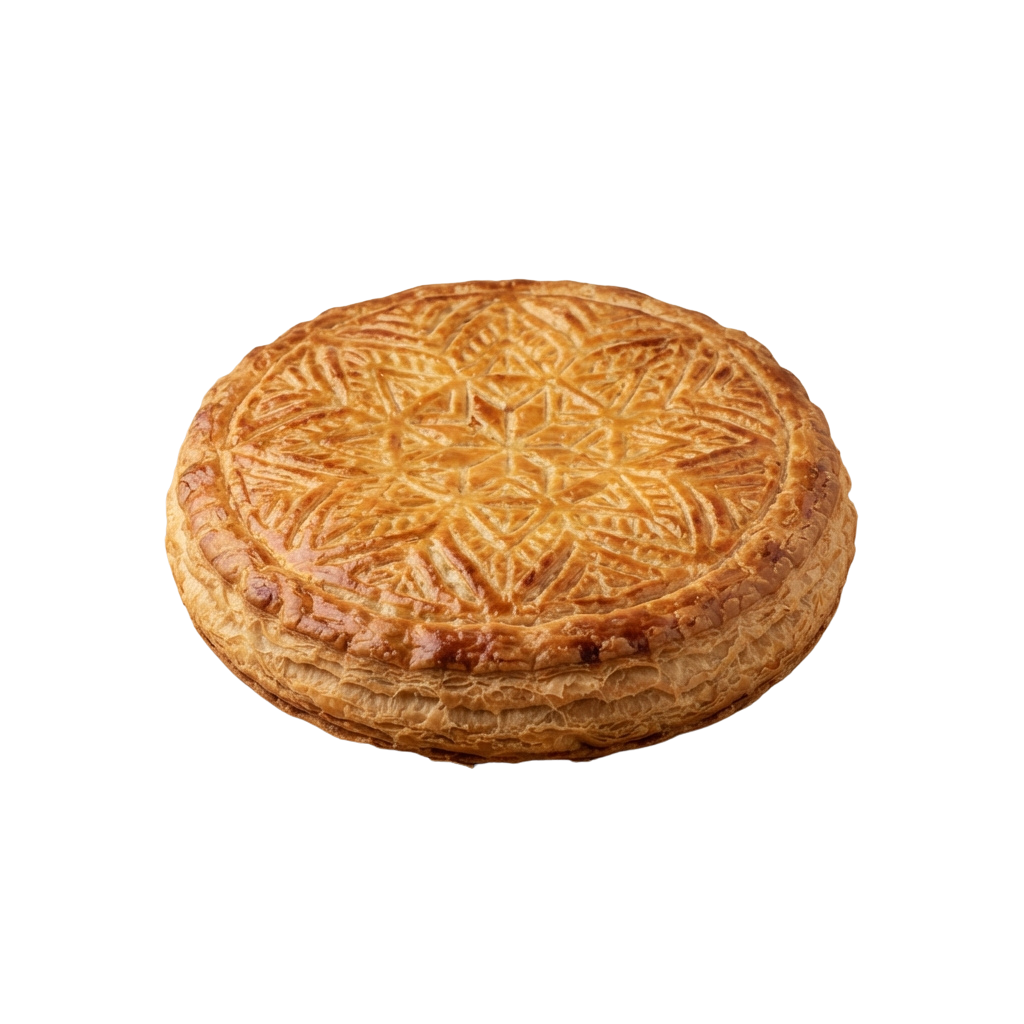 Round baked pastry with a golden crust and intricate star pattern design on top