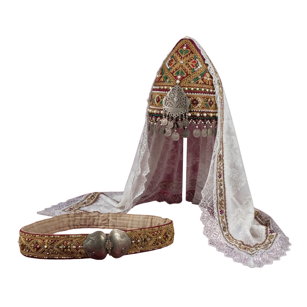 Traditional embroidered headpiece with lace veil and matching decorative belt adorned with coins and beads