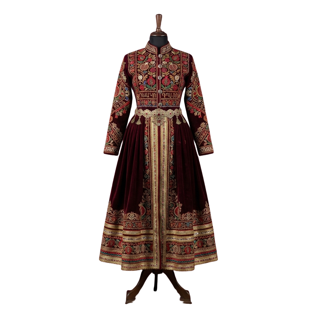 A mannequin wearing a long, maroon velvet dress with intricate floral embroidery and gold detailing.
