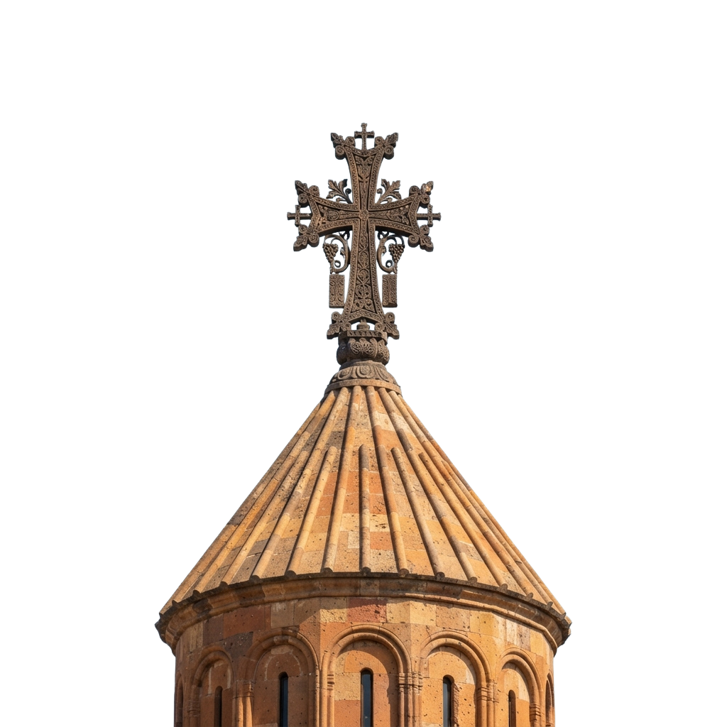 A close-up of a stone church dome topped with an ornate cross against a dark night sky
