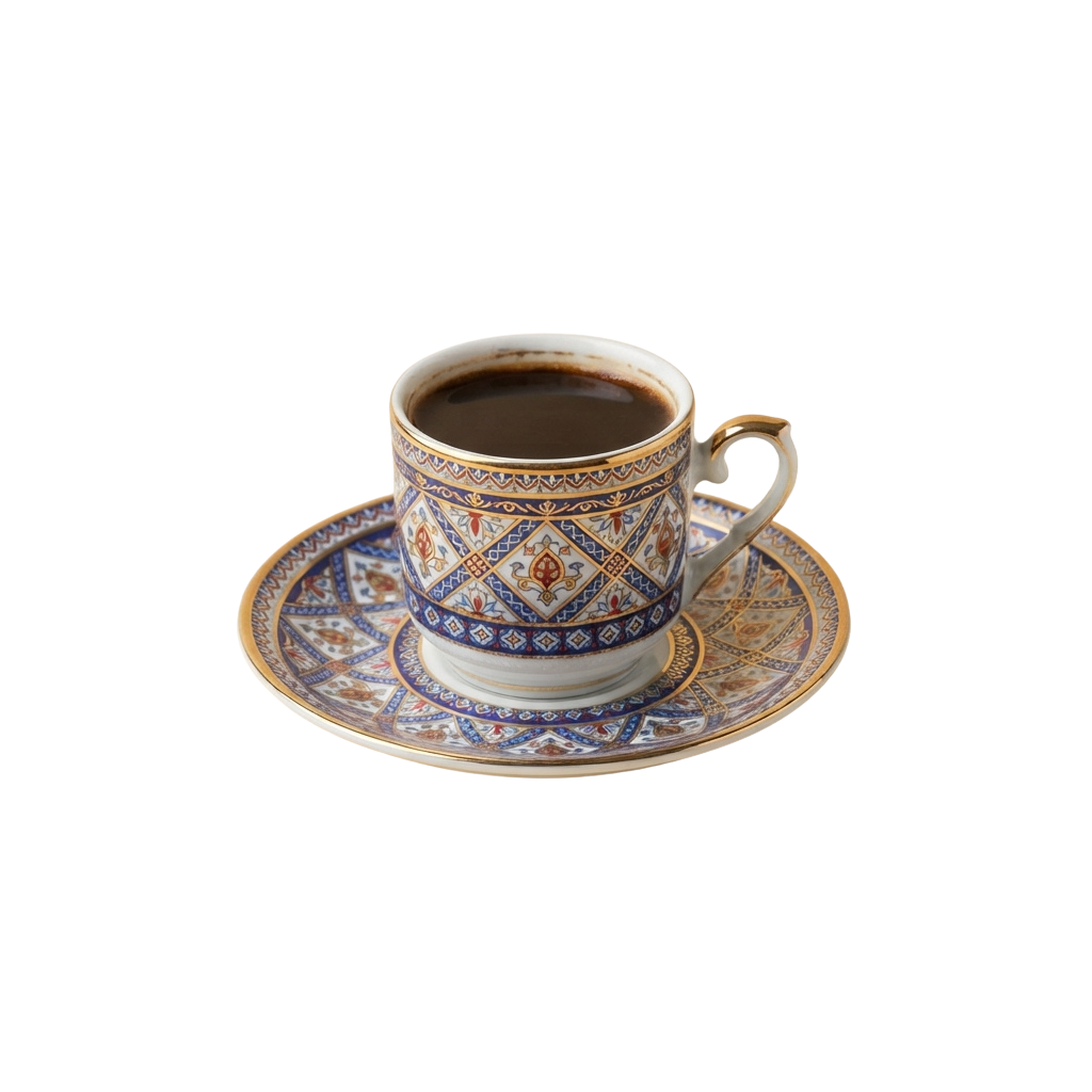 A decorative coffee cup with intricate blue and gold patterns on a matching saucer filled with dark coffee