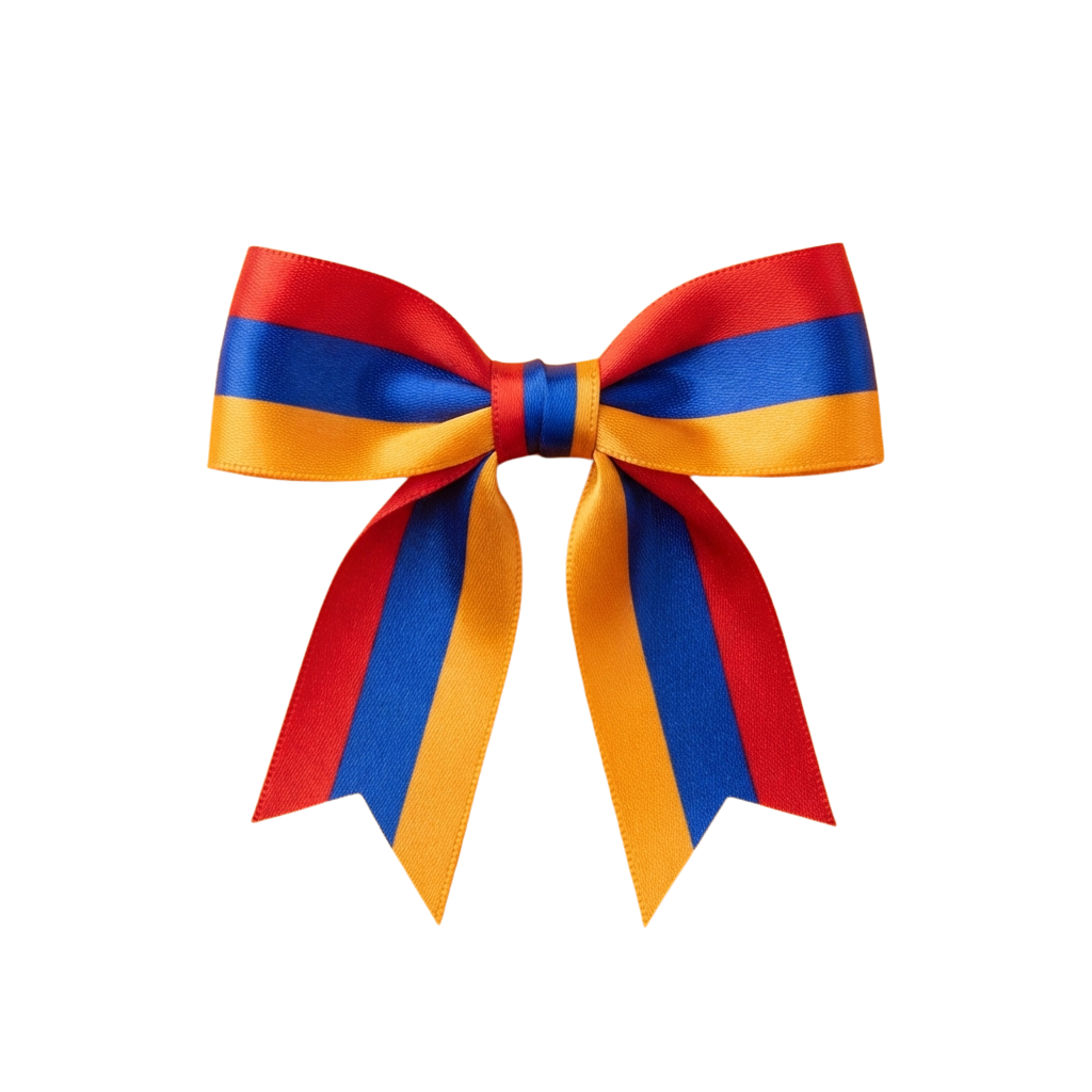 A decorative bow tie made with red, blue, and orange horizontal stripes resembling the Armenian national flag