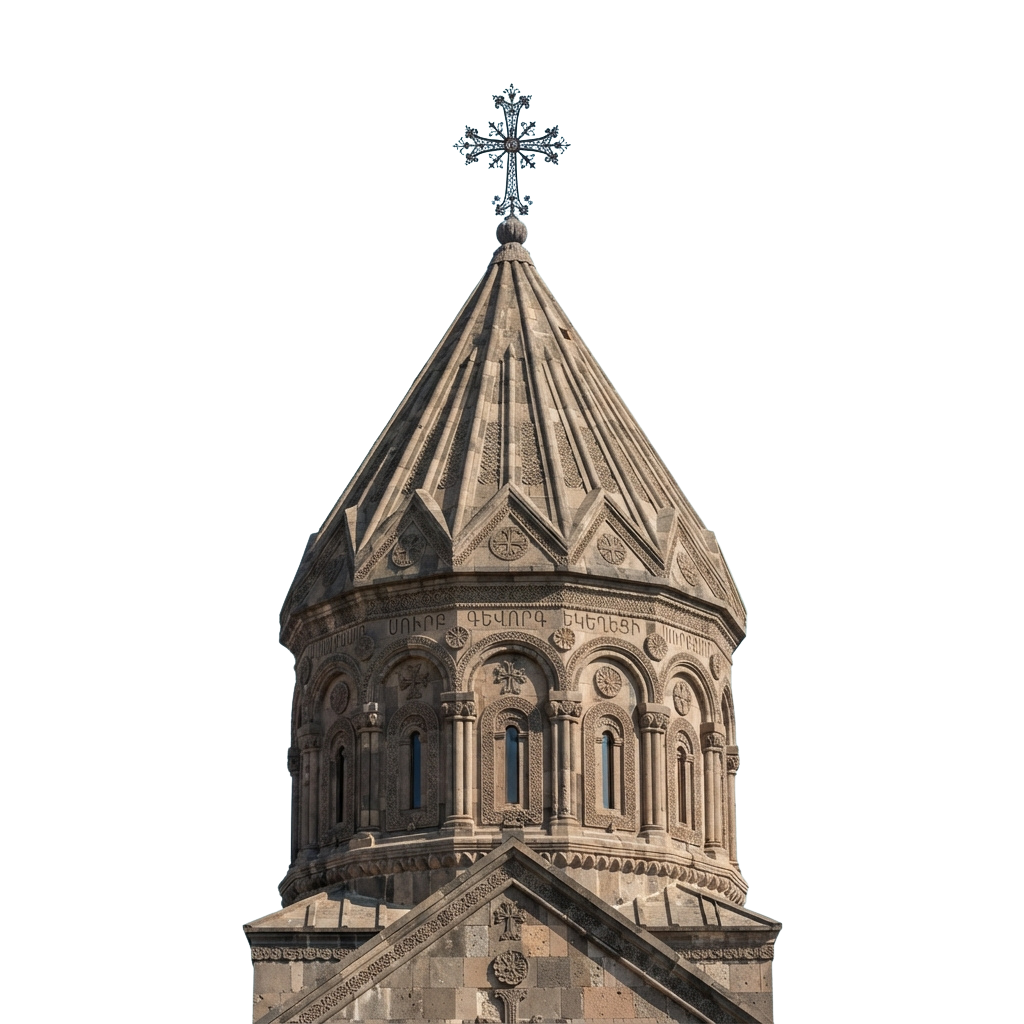A stone church dome with intricate carvings and a cross on top, viewed from below against a dark sky