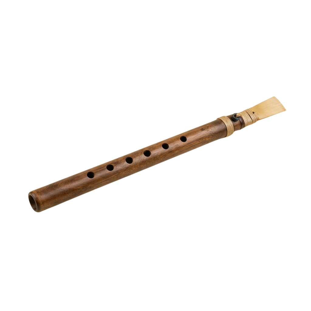 A wooden flute with finger holes and a light-colored mouthpiece end.