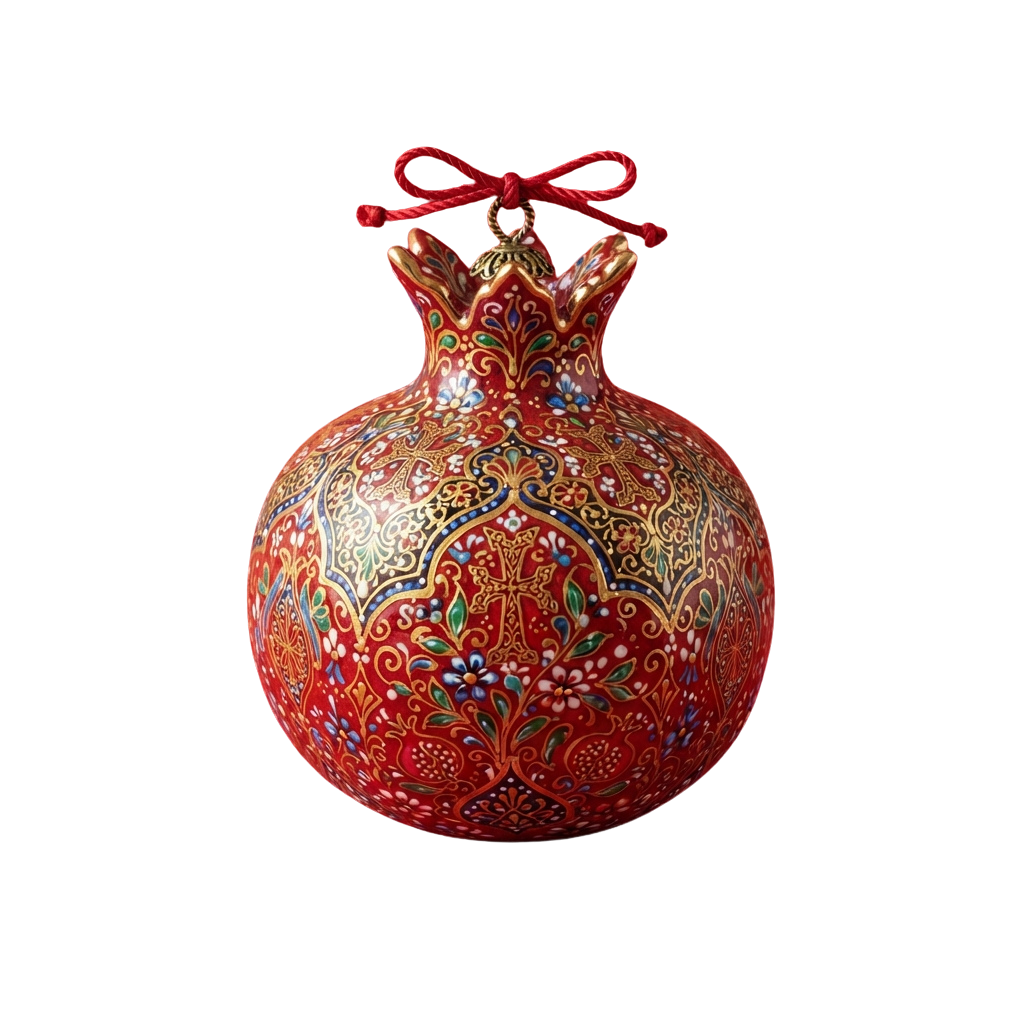 A round ornament with colorful floral designs and a red ribbon bow on top