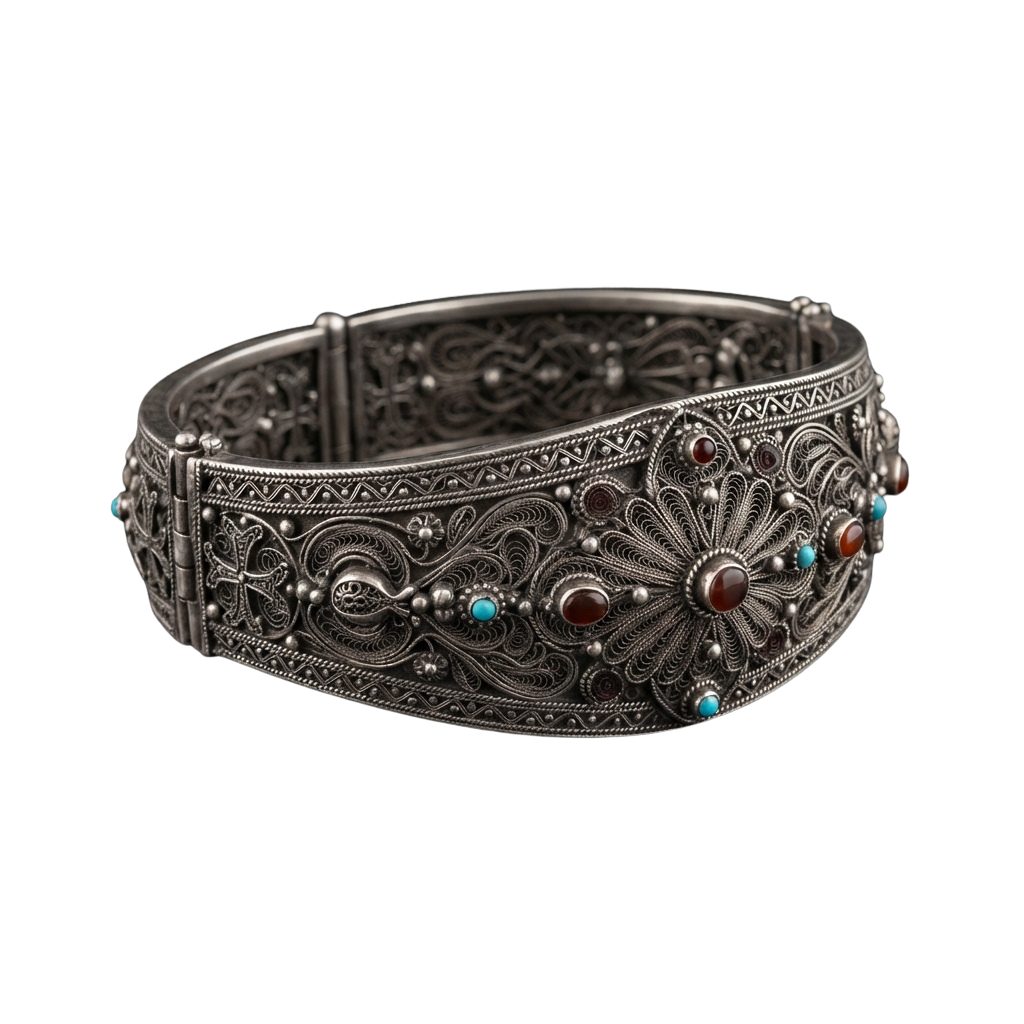 Intricate silver filigree bracelet featuring floral patterns and red turquoise gemstones