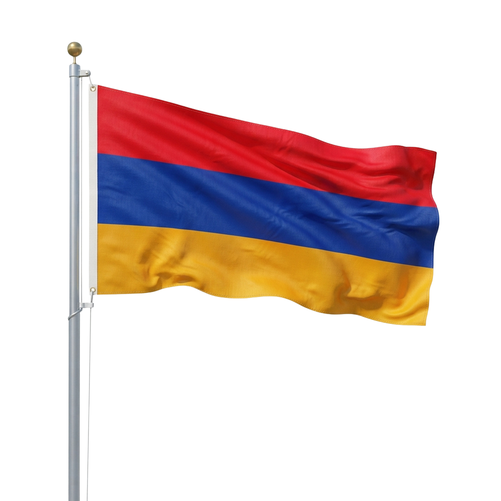 Armenian flag with red, blue, and orange horizontal stripes waving on a flagpole