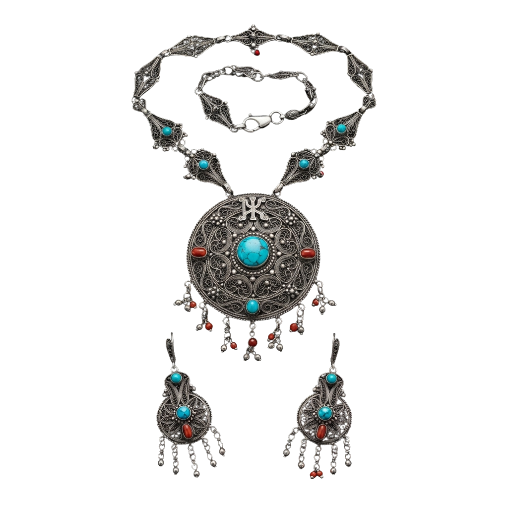 Silver filigree necklace with turquoise and red stones, paired with matching earrings.