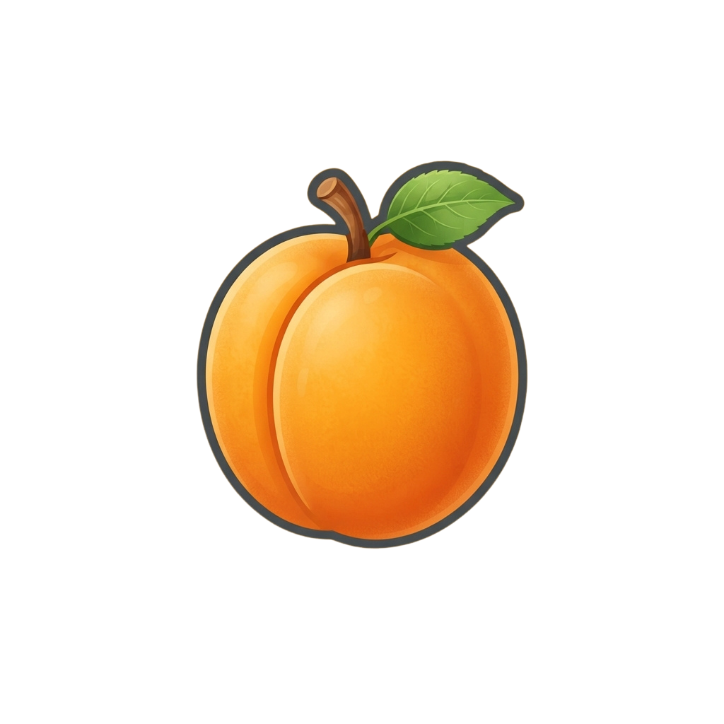 A flat design illustration of a ripe peach with a green leaf and stem on a black background