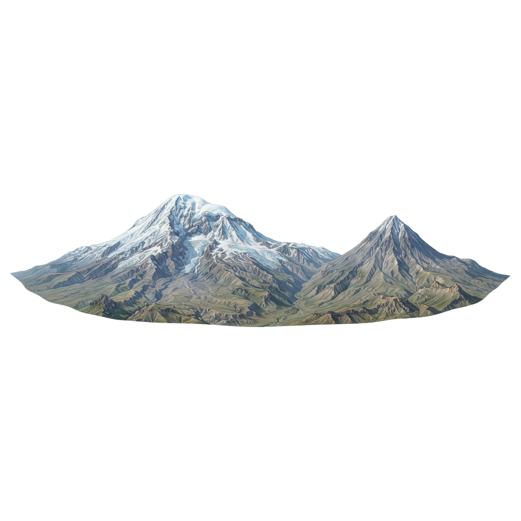 Aerial view of a snow-capped mountain range with rugged terrain and green valleys.