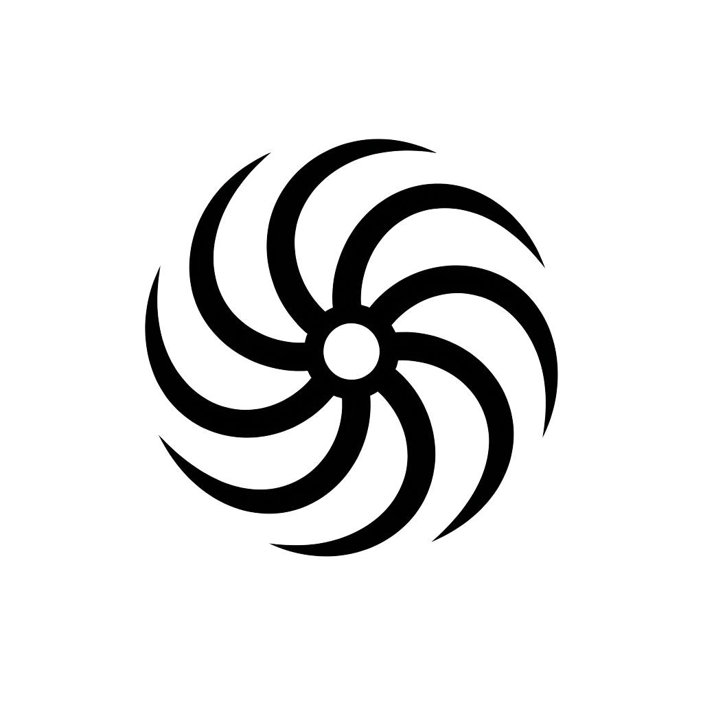 A black and white diagram of a wind turbine with three curved blades radiating from a central hub