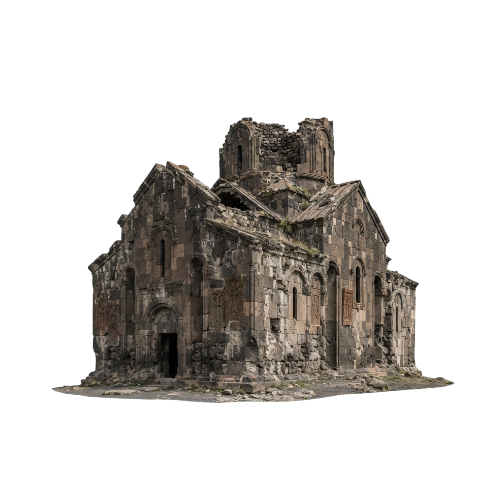 A detailed view of a ruined stone cathedral with intricate carvings and arched windows.