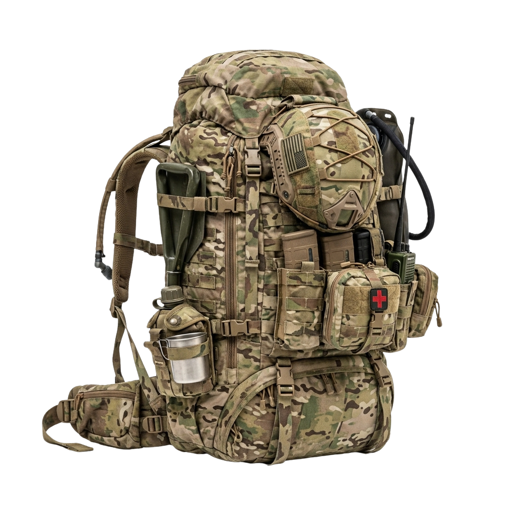 A large military-style backpack with camouflage fabric, equipped with pouches and hydration bladder.