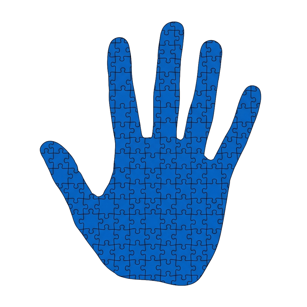 A blue hand shape composed of interlocking puzzle pieces against a black background