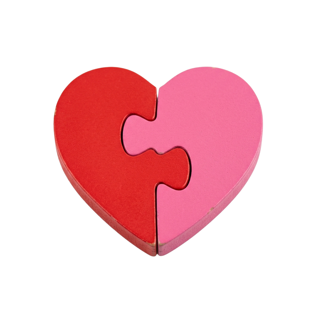 Two interlocking heart puzzle pieces, one red and one pink, forming a complete heart shape.