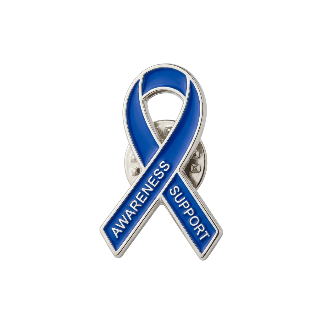 A blue awareness ribbon pin with silver clasp, displaying the words Awareness Support