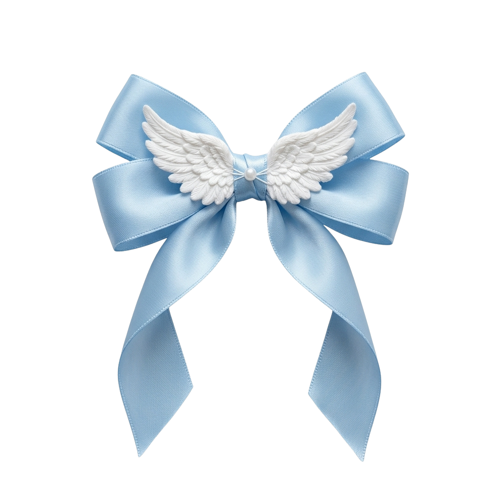 A light blue satin ribbon bow with white angel wings attached at the center