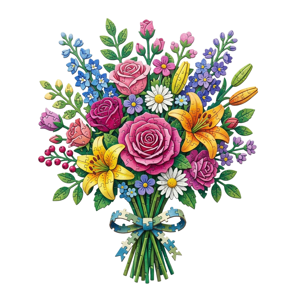A vibrant bouquet of puzzle-piece flowers in pink, yellow, purple, and white with green leaves and a blue ribbon.